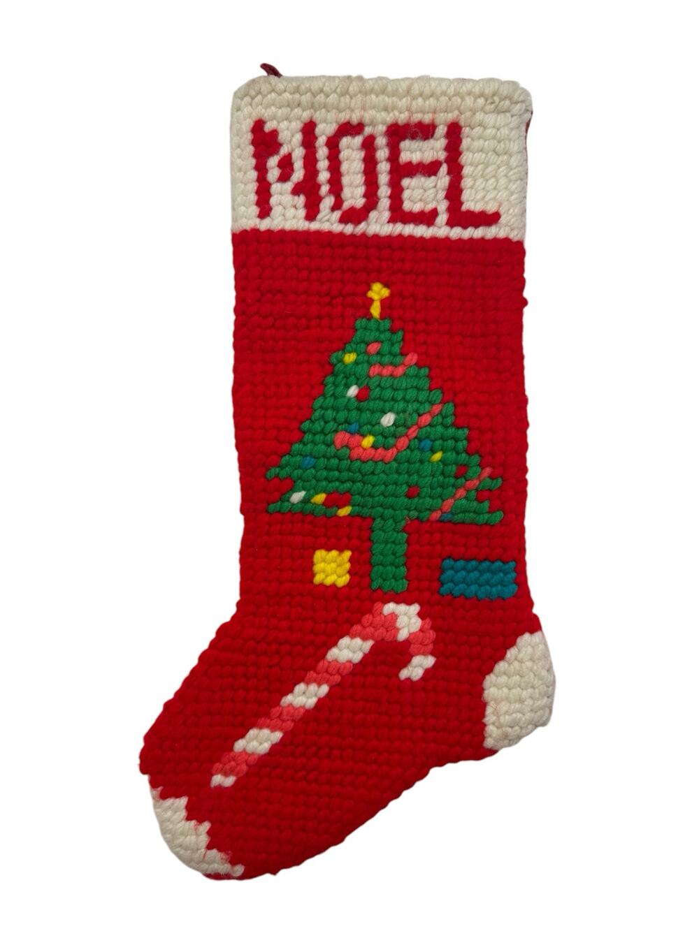 Vintage Noel Needlepoint Christmas Stocking Handmade MCM Kitsch Christmas Tree